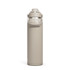 A drink bottle in a soft beige colour with a carrying handle and a spout. It features a logo on the side.