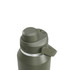A drink bottle in olive green with a grey band and a secure flip-top lid, featuring a logo on the side.