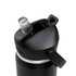 A drink bottle with a black finish, featuring a flip straw lid and a logo.