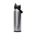 A drink bottle in silver with a black flip straw lid, featuring a handle and branding.