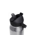 A drink bottle with a stainless steel body and a black, flip-top straw lid, featuring a logo.