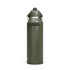 A drink bottle in olive green with a flip straw lid and a carrying handle, featuring a logo.