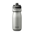A drink bottle made of insulated steel, featuring a silver finish and a black lid with a logo.