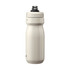A drink bottle in a matte light grey finish with a black lid, featuring a logo on the side.