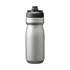 A drink bottle in stainless steel with a black top, featuring a branded logo and an insulated design.