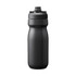 A drink bottle in dark grey, featuring a sleek design and a push-pull lid, includes a branding logo.