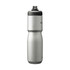 A drink bottle in polished silver stainless steel, featuring a black lid and a branding logo.
