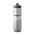 A drink bottle in stainless steel with a tapered design and a black lid, featuring a logo.