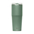 A drink bottle in a muted green colour with a stainless steel finish and a transparent lid, featuring a logo.