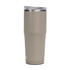 A drink bottle in a matte beige colour with a metal lid and a clear plastic top. It features a logo.