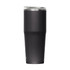 A drink bottle in matte black with a clear lid, featuring a sleek, tapered design and a branding logo.