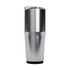 A drink bottle with a sleek silver and stainless steel design featuring a clear lid and a black base. It has a logo.