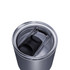 A drink bottle with a silver finish features a transparent lid and a black sliding cover, along with a logo.