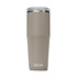 A drink bottle in a matte tan colour with a stainless steel lid and a logo at the bottom.