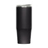 A drink bottle in matte black, featuring a sleek design and a transparent lid, with a logo on the side.