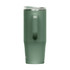 A drink bottle in matte green with a handle, featuring a clear lid and a sleek, tapered design.