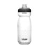 A drink bottle in clear plastic with a black cap and a dotted white design, featuring a CamelBak logo.