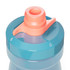 A drink bottle in teal with a pink cap and a spout, featuring a logo on the side.