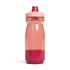 A drink bottle in shades of pink with a screw-top lid and a logo on its body.