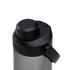 A drink bottle with a black lid and spout features a grey body and includes a logo on the side.