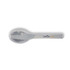 A stainless steel serving spoon with a rounded end and a clear handle, featuring a logo on the handle.