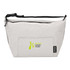 A grey cooler bag with a shoulder strap, featuring a front pocket and a logo.