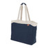 A navy blue tote bag with cream handles and a logo. Designed for carrying a computer and other essentials.
