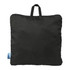 A black packable travel duffel bag with a top handle, featuring a contrasting blue tag.