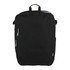 A black travel backpack with multiple zippered pockets and a top handle. It features blue zipper accents and has a logo.