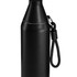 A drink bottle in sleek black with a curved design and a carrying strap. It features a logo.