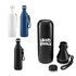 A drink bottle set featuring white, navy, and black designs, with a detachable cap and a logo on one bottle.