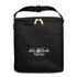 A black insulated cooler bag with a zip closure and a front pocket, featuring a logo.