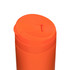 An orange coffee cup with a lid featuring a small opening, designed for beverages. It has a smooth surface and a logo.