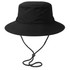 A black recycled surf hat featuring a wide brim and an adjustable chin strap. It has a logo on the side.