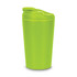 A drink bottle in vibrant lime green with a secure lid and a sleek, modern design. It features a logo.