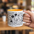 A coffee mug with a vibrant orange interior, decorated with various coffee-related designs and a branding logo.