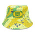 A yellow bucket hat featuring a colourful pattern with smiley faces and an embroidered patch.