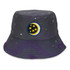 A dark grey bucket hat featuring a colourful embroidered patch of a moon and stars against a starry background.