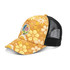 A floral-patterned trucker cap in orange and yellow with a black mesh back and a logo patch on the front.