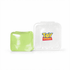 A green jelly cube sensory toy next to a clear container featuring a logo.