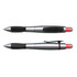 A silver and black dual-sided pen with a highlighter and a logo, featuring a textured grip.
