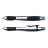 A silver and black plastic pen featuring a ballpoint and a highlighter, equipped with a clip and textured grip.