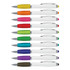 A collection of stylus pens with white barrels and vibrant coloured grips in various shades. Each pen includes a pocket clip.