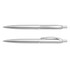 A set of silver plastic pens with a sleek design and a clip for easy carrying. Features a logo.
