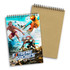 A medium note pad featuring an extreme sports design with images of athletes, showcasing vibrant colours and a spiral binding.