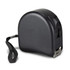 A black tape measure with a retractable mechanism and a strap for easy carrying.