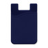 A navy silicone phone wallet with a curved design and a slot for cards. It has a branding logo on it.