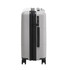 A grey carry-on suitcase with a smooth finish, featuring black accents and wheels for mobility.