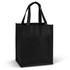 A black shopping bag with two handles and a front pocket. The bag has a simple design and a sturdy appearance.