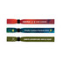 Event wristbands in various colours, featuring designs for different events and a logo on each band.